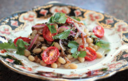Warm Lentil White Bean Salad with Bacon and Roasted Grape Tomatoes